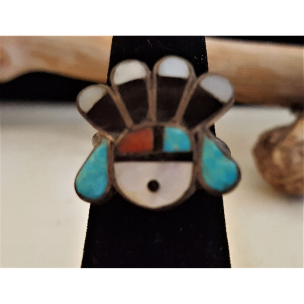 Vintage Estate Southwestern Zuni-like Headdress Ring Turquoise Mother of Pearl